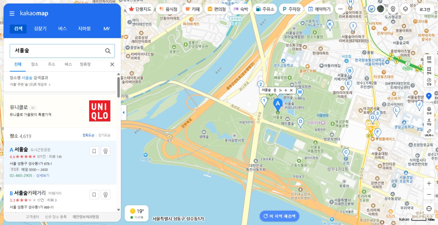 KakaoMap desktop search results around Seoul Forest.