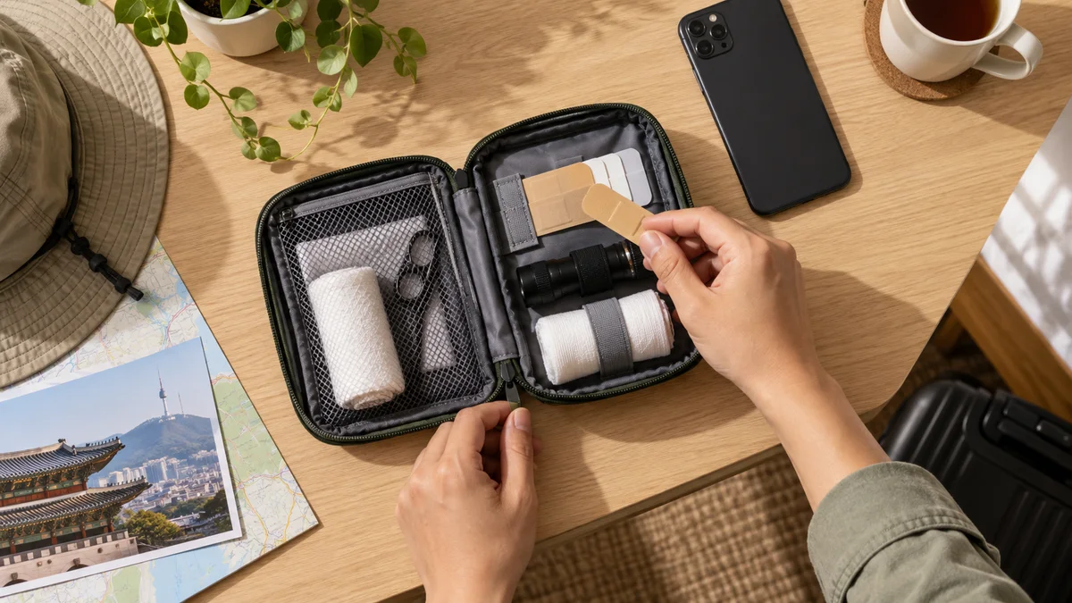 A travel first aid pouch with bandages, gauze and a flashlight