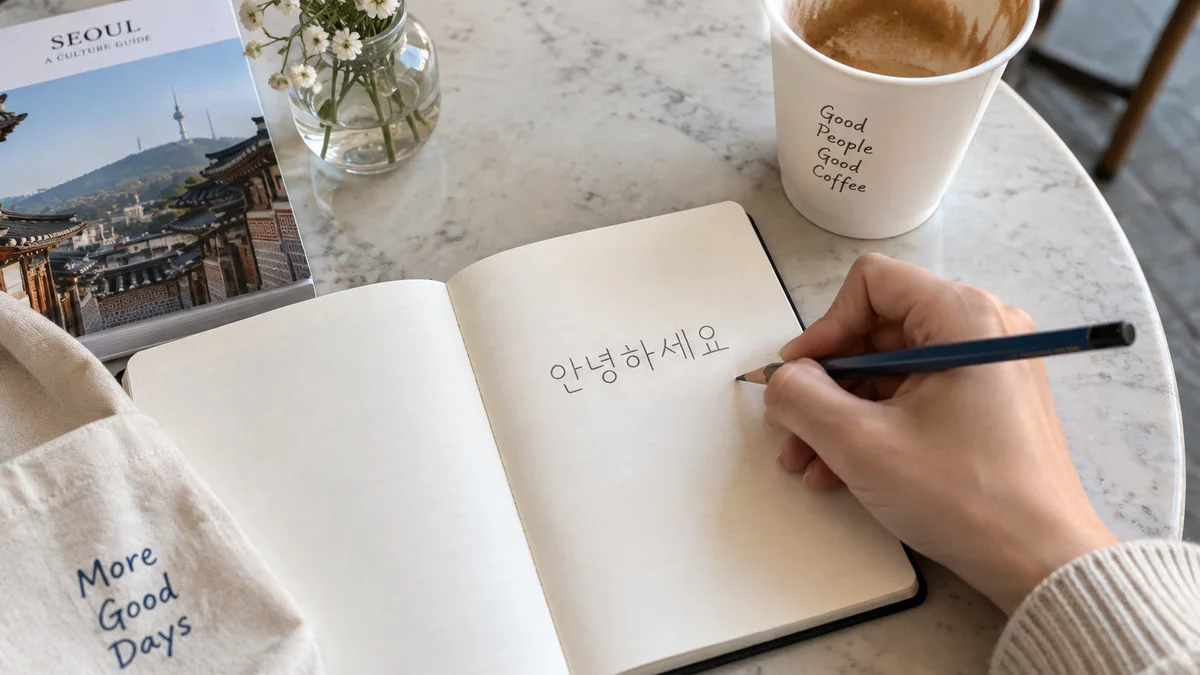 Practicing the Korean greeting annyeonghaseyo in a notebook