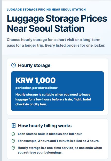 LuggageDot English pricing page showing KRW 1,000 per locker per started hour and how hourly billing works